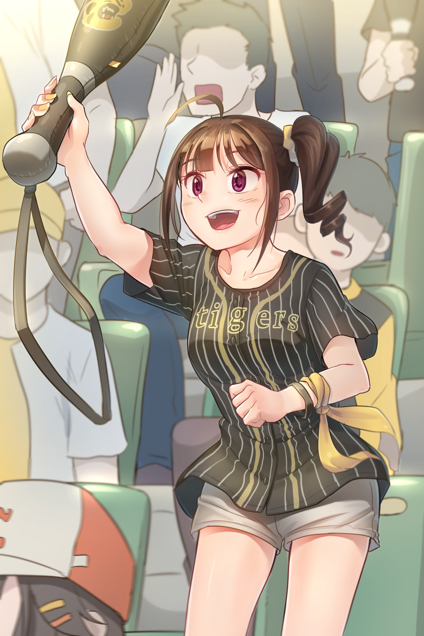 1girl absurdres ahoge blush breasts brown_hair collarbone drill_hair eyebrows_visible_through_hair highres idolmaster idolmaster_million_live! inflatable_toy kamille_(vcx68) looking_away medium_breasts nail_polish open_mouth short_hair smile solo violet_eyes yellow_nails yokoyama_nao