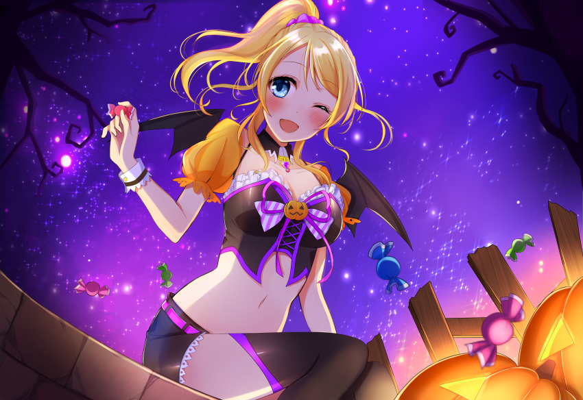 1girl ayase_eli blonde_hair blue_eyes blush breasts cleavage eyebrows_visible_through_hair halloween highres large_breasts looking_at_viewer love_live! love_live!_school_idol_project navel one_eye_closed open_mouth satoimo_chika scrunchie short_hair short_ponytail sitting smile solo