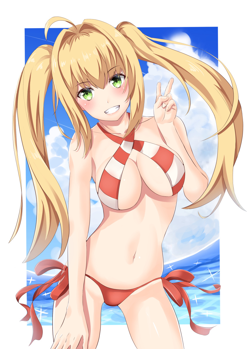 1girl absurdres ahoge blonde_hair blush breasts cleavage collarbone eyebrows_visible_through_hair fate/grand_order fate_(series) furan_(pixiv20237436) green_eyes highres large_breasts long_hair looking_at_viewer navel nero_claudius_(swimsuit_caster)_(fate) parted_lips smile solo swimsuit teeth twintails v