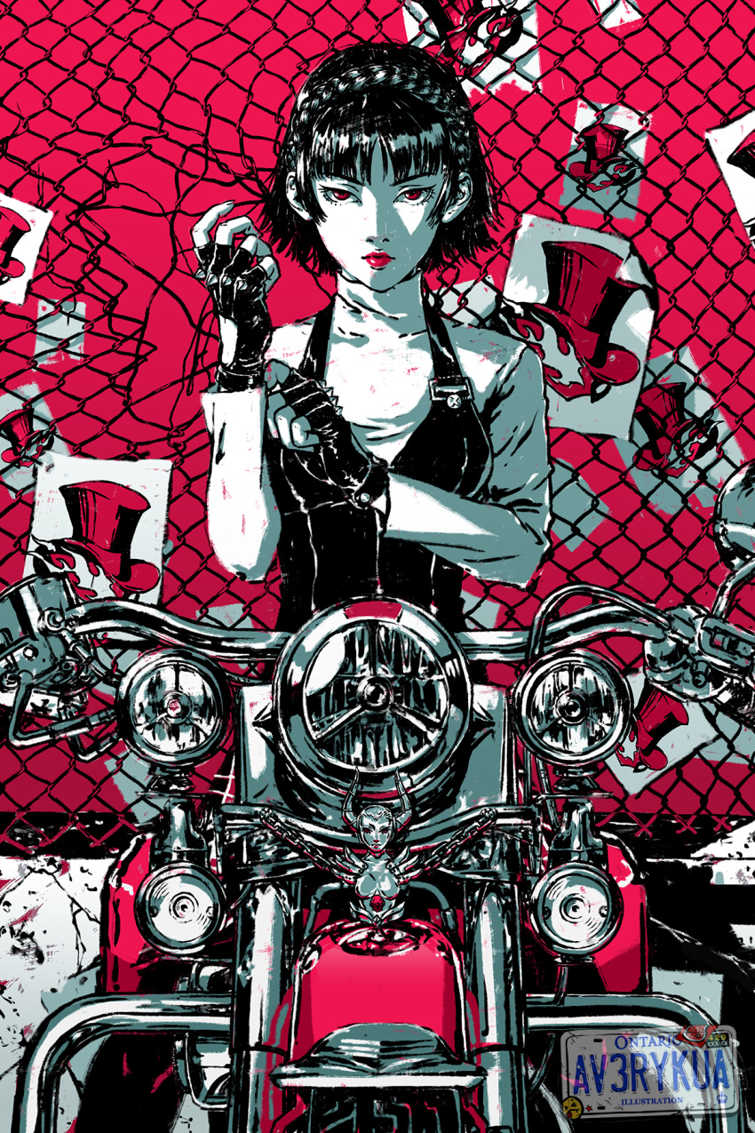 1girl anat_(persona_5) avery_kua braid chain-link_fence fence fingerless_gloves flyer gloves ground_vehicle headlights highres logo looking_at_viewer monochrome motor_vehicle motorcycle niijima_makoto persona persona_5 red_background red_eyes serious short_hair solo spiked_gloves spiked_knuckles upper_body