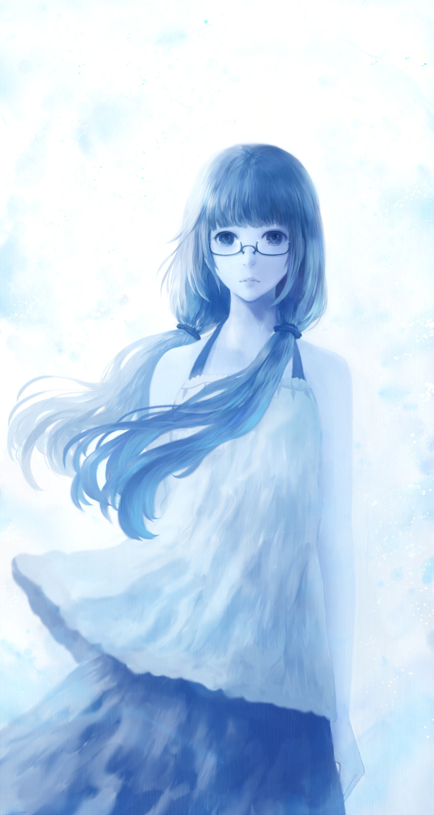 1girl bangs bare_arms bare_shoulders blue blunt_bangs closed_mouth commentary_request cowboy_shot dress expressionless glasses highres looking_at_viewer monochrome original sakimori_(hououbds) skirt solo tied_hair