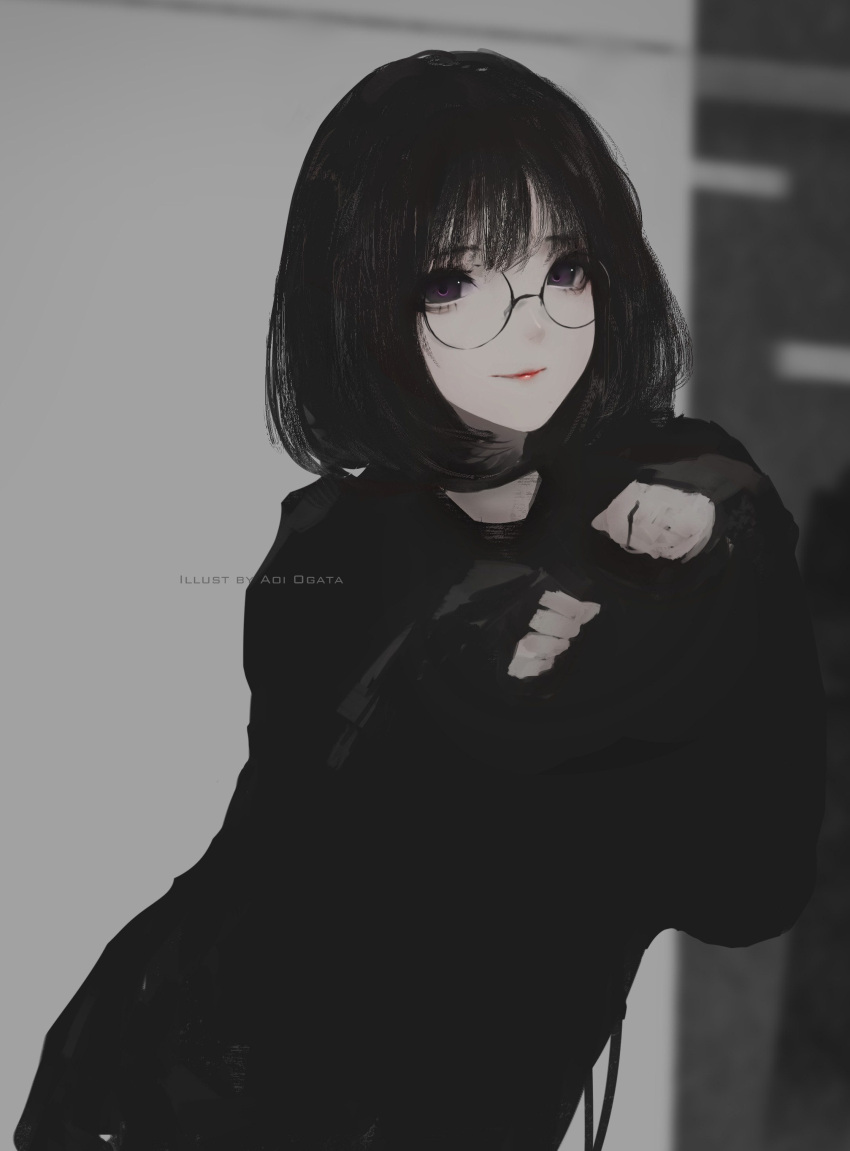 1girl absurdres aoi_ogata artist_name black black-framed_eyewear black_hair black_shirt closed_mouth commentary glasses highres long_hair long_sleeves looking_at_viewer original paw_pose red_lips round_glasses shirt smile solo