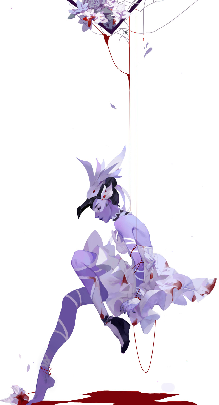 1girl absurdres alternate_costume arm_ribbon black_hair blood blood_drip bloody_clothes breasts choker closed_eyes dress earrings feathers flower frilled_dress frills full_body hair_bun headdress highres jewelry leg_ribbon lily_(flower) lipstick looking_down makeup mask medium_breasts nose odette_widowmaker overwatch profile puppet_strings purple_lipstick purple_skin ribbon san_jiu shoes short_hair silk simple_background single_shoe solo spider spider_web stud_earrings white_background white_dress white_flower white_ribbon widowmaker_(overwatch)