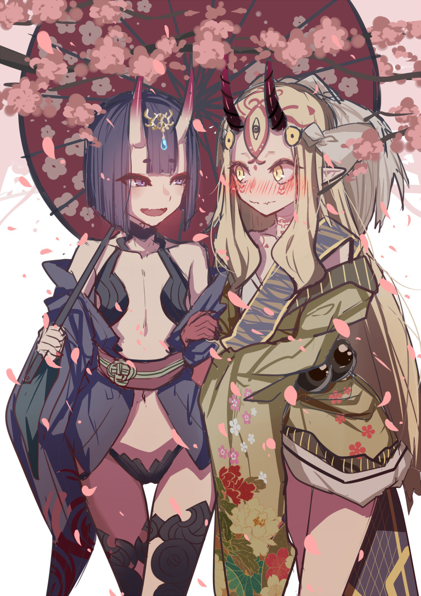 2girls absurdres aie arm_holding bangs bare_shoulders blonde_hair blush bob_cut bodypaint cherry_blossoms closed_mouth collarbone cowboy_shot embarrassed eye_contact eyebrows_visible_through_hair eyes_visible_through_hair facial_mark fangs fate/grand_order fate_(series) fingernails floral_print forehead forehead_mark headpiece highres holding holding_umbrella horns ibaraki_douji_(fate/grand_order) japanese_clothes kimono long_hair looking_at_another multiple_girls navel nose_blush obi off_shoulder oni oni_horns open_clothes open_kimono open_mouth oriental_umbrella parasol petals pointy_ears print_kimono purple_hair sapphire_(stone) sash shared_umbrella sharp_fingernails short_eyebrows short_hair shuten_douji_(fate/grand_order) sketch slit_pupils smile tsurime umbrella violet_eyes white_background wide_sleeves yellow_eyes yuri