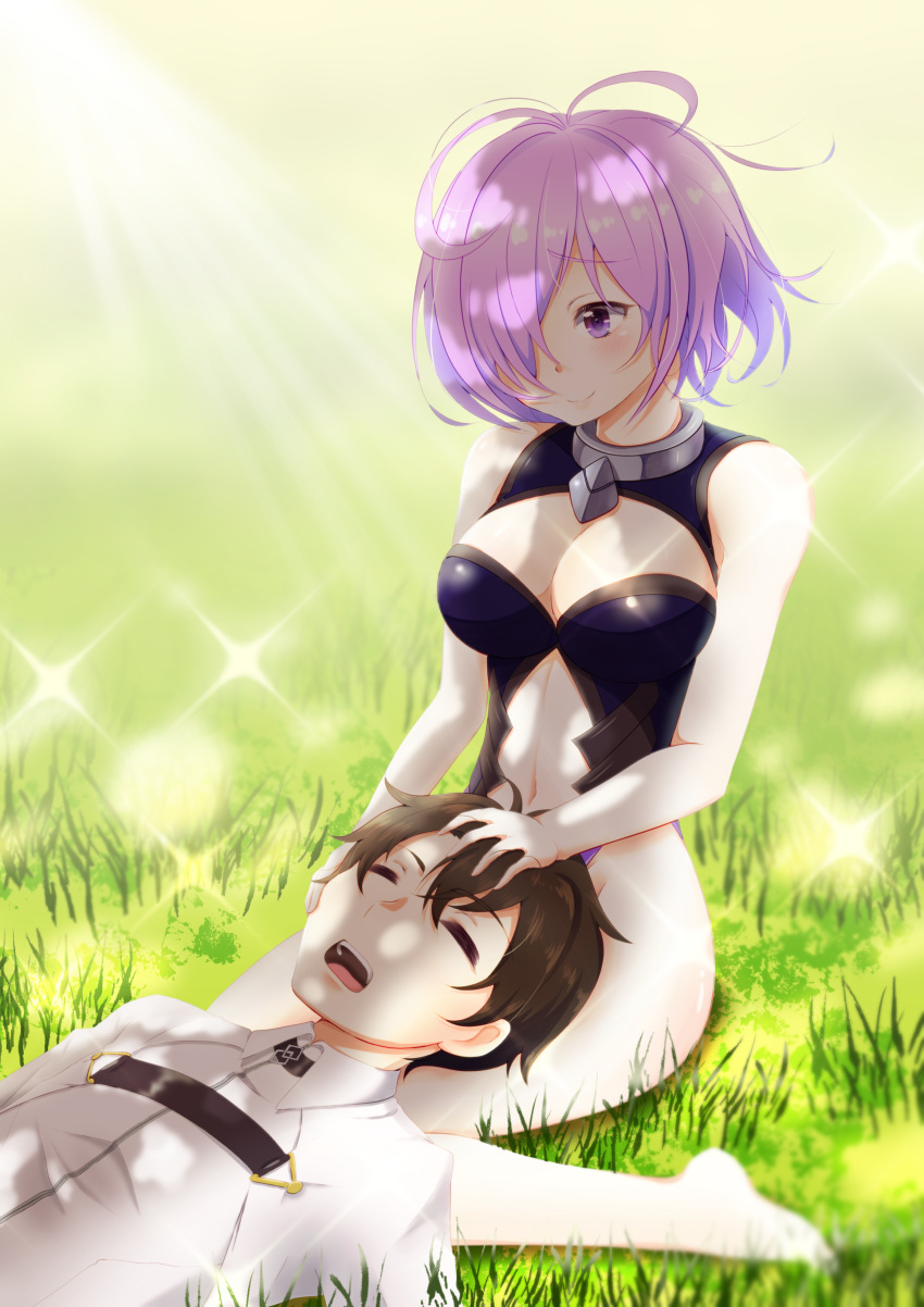 1boy 1girl absurdres bare_legs bare_shoulders blurry blush breasts brown_hair cleavage closed_eyes depth_of_field fate/grand_order fate_(series) fujimaru_ritsuka_(male) groin hair_over_one_eye hand_in_another's_hair hand_on_another's_face highres lap_pillow large_breasts navel purple_hair sarujie_(broken_monky) shielder_(fate/grand_order) sitting sleeping smile violet_eyes wariza