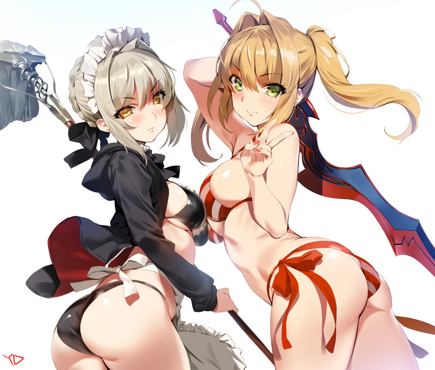 2girls apron arched_back arm_up artoria_pendragon_(all) ass bikini black_bikini blonde_hair blush breasts closed_mouth cowboy_shot eyebrows_visible_through_hair fate/grand_order fate_(series) green_eyes hair_between_eyes hair_intakes highres hood hooded_jacket hoodie jacket light_brown_hair long_hair long_sleeves looking_at_viewer maid_headdress medium_breasts mop multiple_girls nail_polish nero_claudius_(swimsuit_caster)_(fate) open_clothes open_hoodie open_jacket saber_alter side-tie_bikini sideboob simple_background smile striped striped_bikini swimsuit sword twintails v waist_apron weapon white_background yang-do yellow_eyes