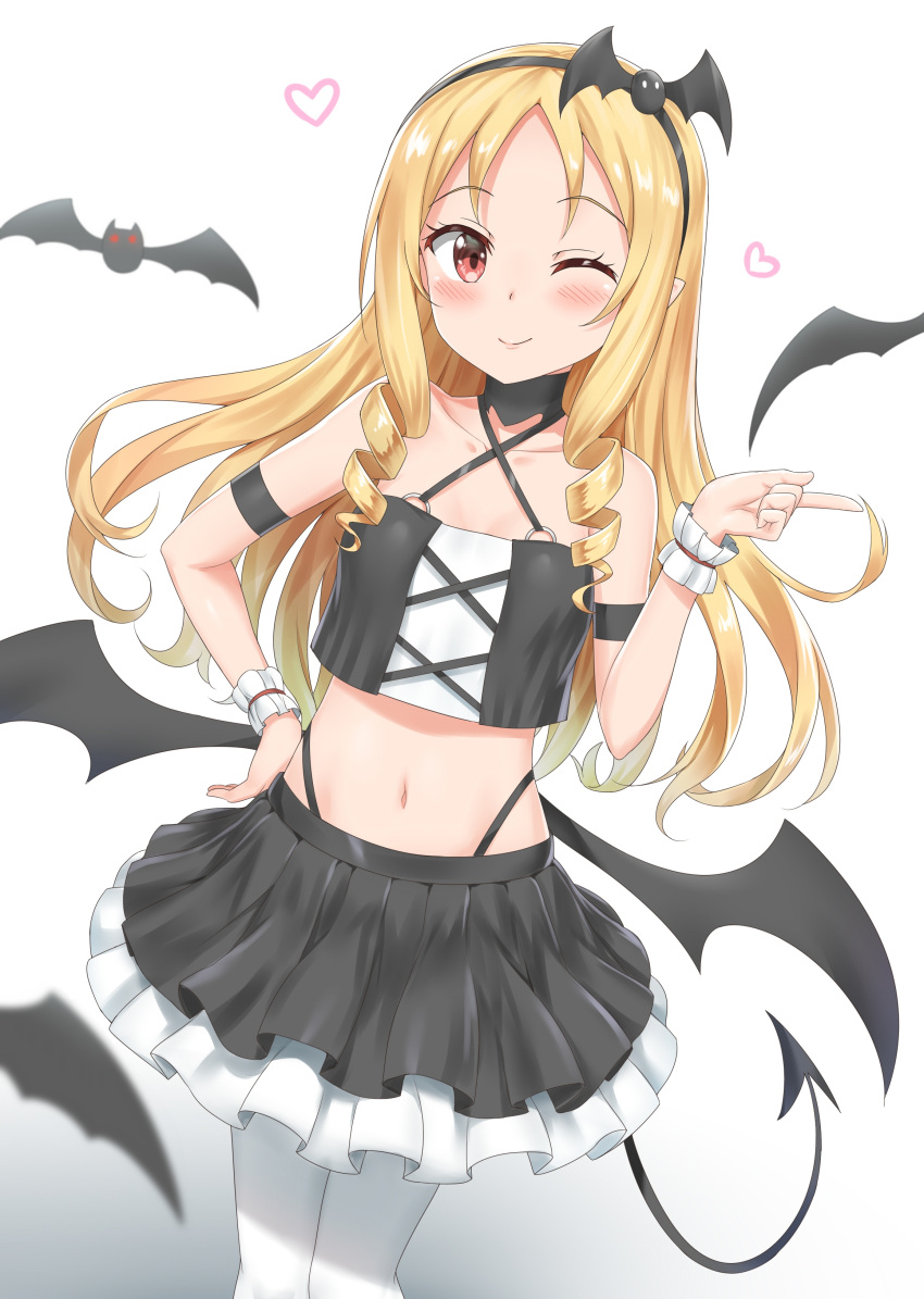 10s 1girl ;) absurdres armband bat bat_hair_ornament bat_wings blonde_hair blush breasts brown_eyes collarbone commentary_request demon_tail drill_hair eromanga_sensei hair_ornament hairband hand_on_hip heart highres long_hair looking_at_viewer midriff navel nedia_r one_eye_closed pointy_ears simple_background skirt small_breasts smile solo tail white_background white_legwear wings wrist_cuffs yamada_elf