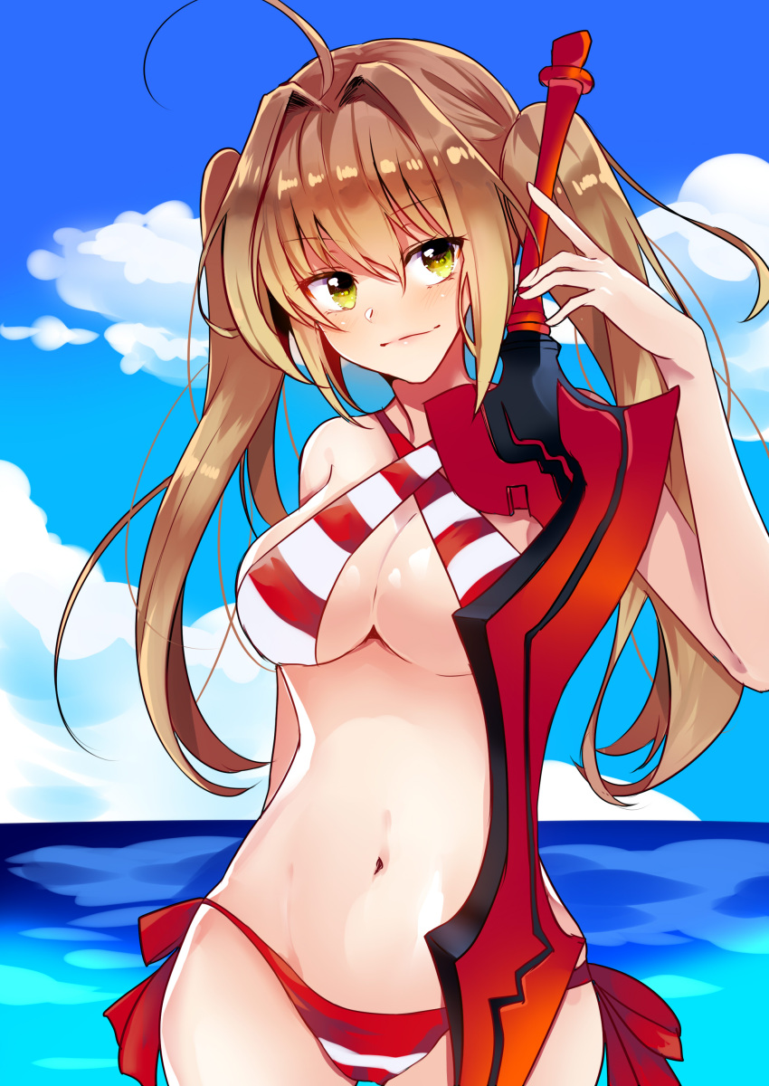 1girl absurdres aestus_estus ahoge bikini breasts brown_hair day fate/grand_order fate_(series) green_eyes hair_intakes halterneck highres long_hair medium_breasts navel nero_claudius_(swimsuit_caster)_(fate) ocean outdoors saber_extra sky smile solo striped striped_bikini swimsuit sword tbr5656 twintails weapon