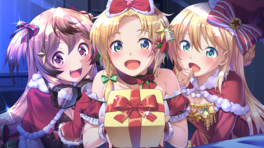3girls :d absurdres blonde_hair blue_eyes bow box breasts capelet cleavage collarbone dress ekaterina_krachevna_kankaeva fang formation_girls fur-trimmed_capelet game_cg gift gift_box goggles goggles_around_neck green_bow hair_braid hair_ribbon hairband highres holding holding_box leika_fyodrina_ermakova logo long_hair looking_at_viewer multiple_girls nadia_tolstaya off-shoulder_dress off_shoulder official_art open_mouth red_bow ribbon short_hair small_breasts smile tenkuu_nozora violet_eyes