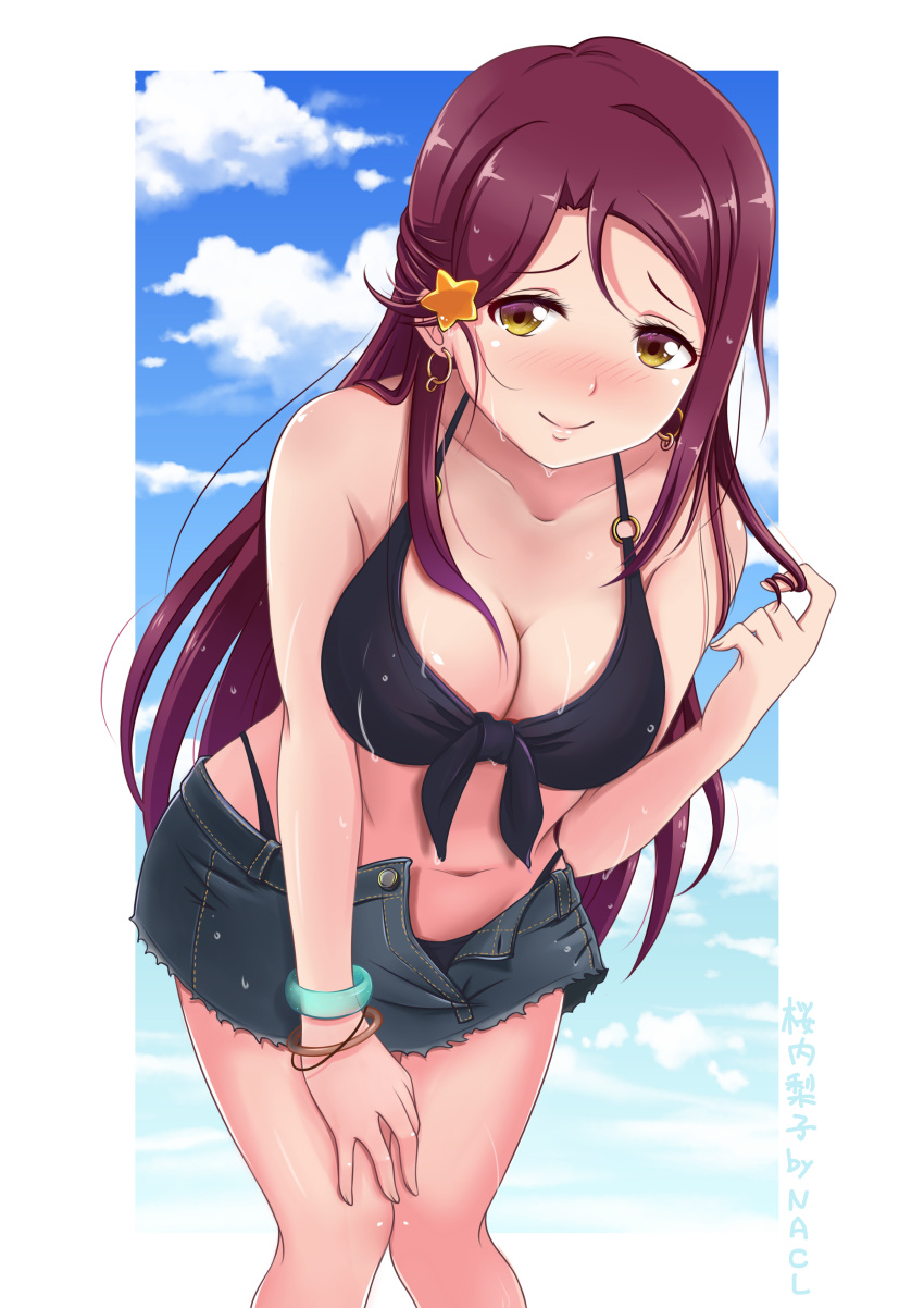 1girl absurdres bangle bikini black_bikini blush bracelet breasts cleavage closed_mouth clouds collarbone commentary_request denim denim_skirt earrings front-tie_top hair_between_eyes hair_ornament hair_twirling hand_on_own_knee highres jewelry large_breasts leaning_forward long_hair looking_at_viewer love_live! love_live!_sunshine!! maroon_hair microskirt nacl_(v_virgo) nose_blush o-ring_bikini sakurauchi_riko skirt sky smile solo star star_hair_ornament swimsuit unbuttoned very_long_hair yellow_eyes