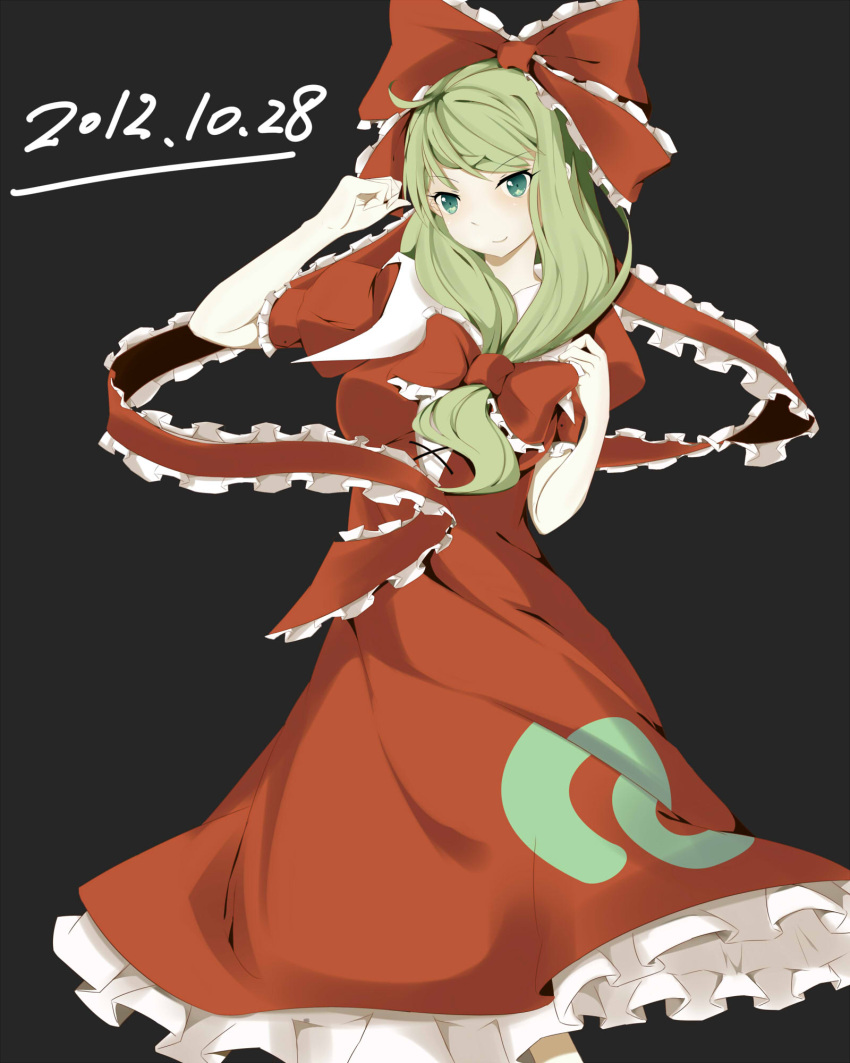 1girl bbsucg blush bow closed_mouth dated eyebrows_visible_through_hair green_eyes green_hair hair_bow hair_ribbon highres kagiyama_hina long_hair looking_at_viewer puffy_short_sleeves puffy_sleeves red_bow red_ribbon ribbon short_sleeves smile solo touhou