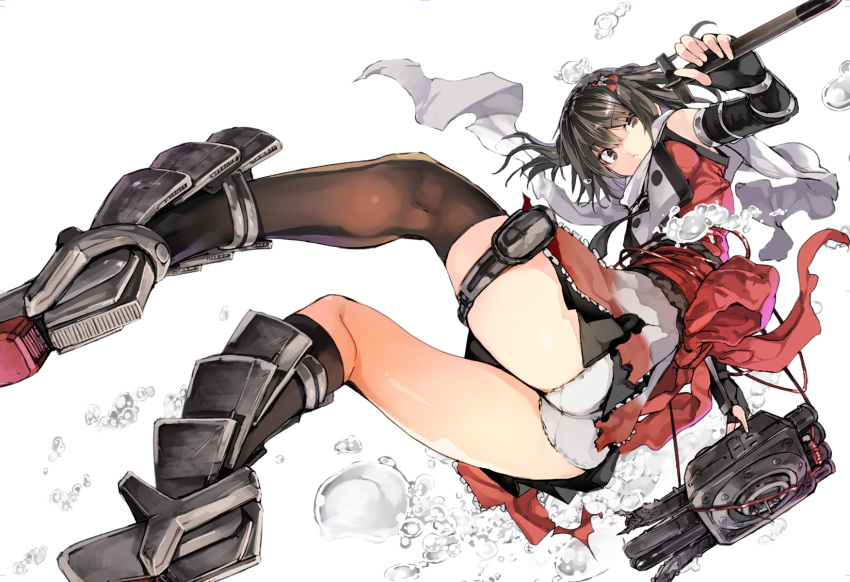 1girl armor armored_boots bangs black_eyes black_gloves black_hair black_legwear black_skirt boots elbow_gloves fingerless_gloves gloves hair_ornament highres hyocorou kantai_collection looking_at_viewer neckerchief panties parted_lips remodel_(kantai_collection) scarf school_uniform sendai_(kantai_collection) serafuku single_thighhigh skirt sleeveless solo thigh-highs torpedo two_side_up underwear upskirt white_panties white_scarf