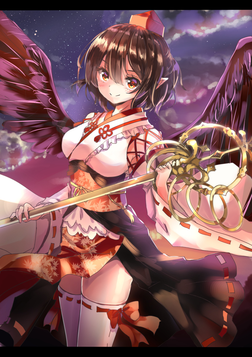 1girl bird_wings black_hair black_skirt black_wings breasts feathered_wings hair_between_eyes hat highres holding looking_at_viewer medium_breasts outdoors pointy_ears red_eyes ribbon-trimmed_legwear ribbon-trimmed_skirt ribbon-trimmed_sleeves ribbon_trim sash shameimaru_aya shiny shiny_hair shironeko_yuuki skirt smile solo standing thigh-highs tokin_hat touhou white_legwear wide_sleeves wings