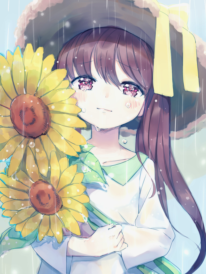 1girl bangs blush bow brown_eyes brown_hair flower hat hat_bow highres long_hair looking_at_viewer ninnin_(choky13) rain smile solo sunflower tears twintails upper_body very_long_hair