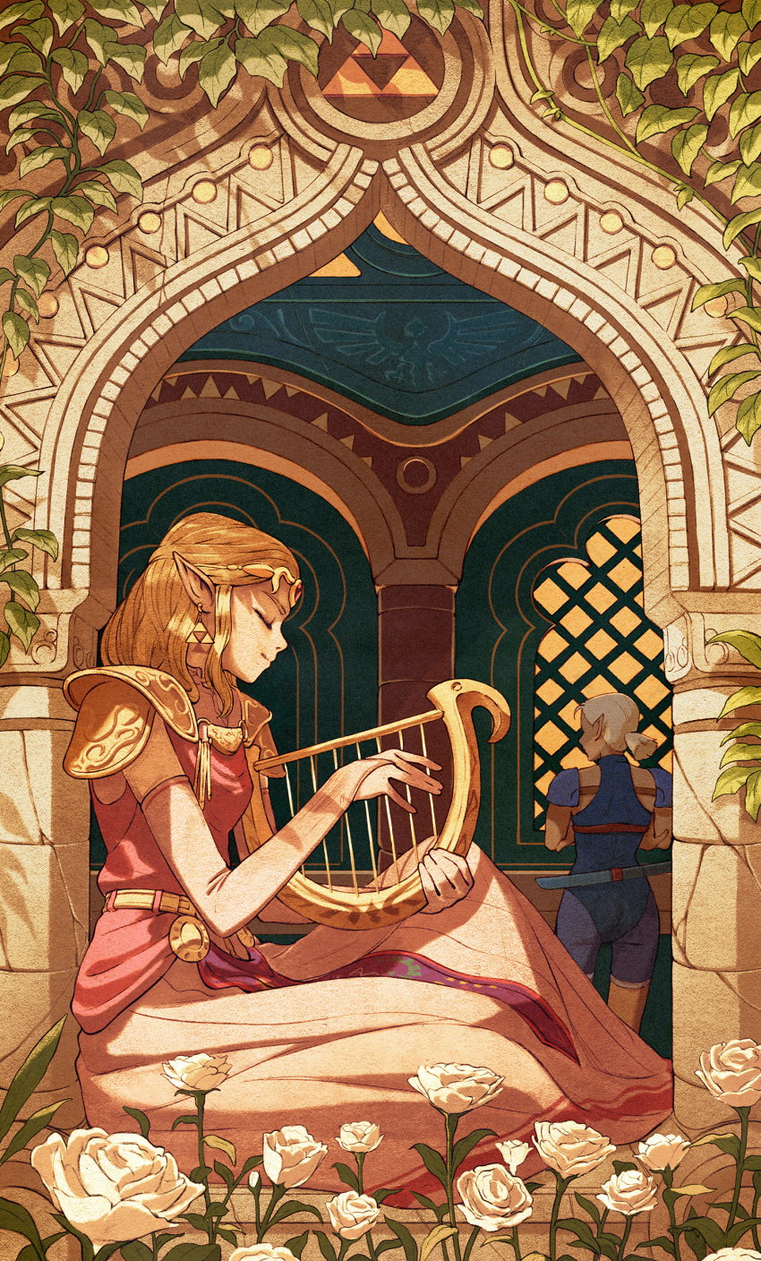 2girls absurdres blonde_hair closed_eyes dress earrings elbow_gloves flower gloves green_hair harp highres impa instrument jewelry kevin_hong multiple_girls music pink_dress plant playing_instrument pointy_ears princess_zelda sitting smile the_legend_of_zelda the_legend_of_zelda:_ocarina_of_time triforce window