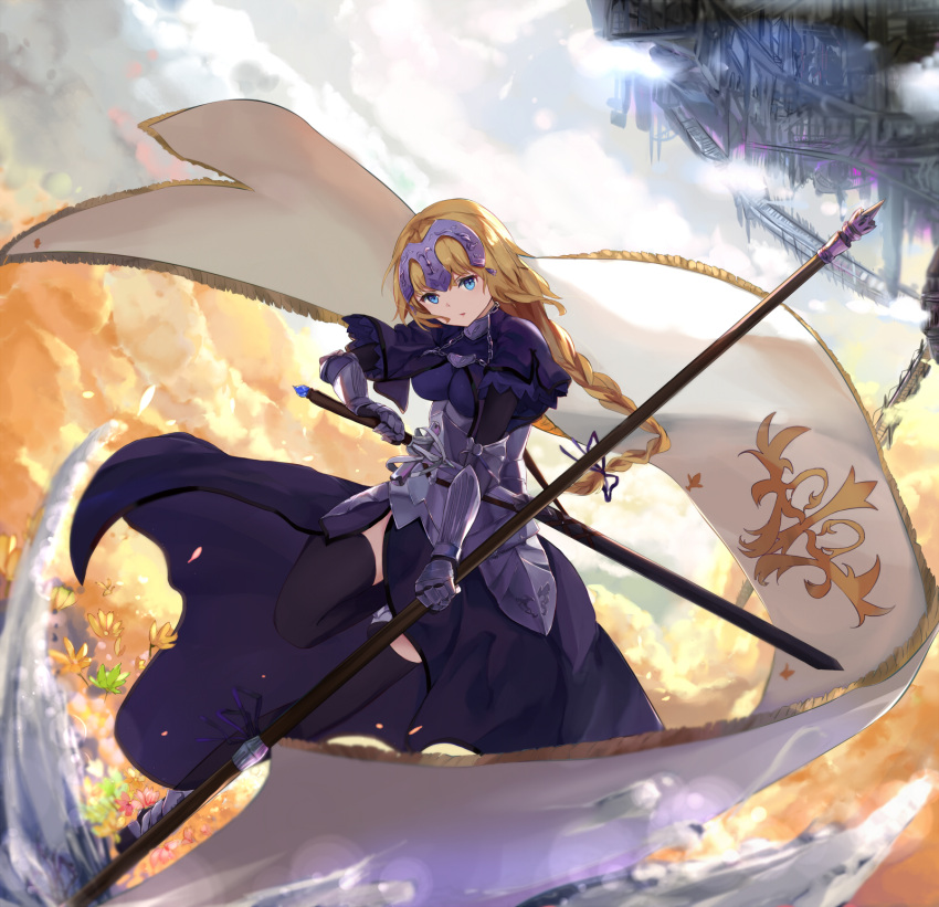 1girl armor armored_dress black_gloves blonde_hair blue_eyes braid breasts capelet chains fate/apocrypha fate/grand_order fate_(series) faulds flag flower gauntlets gloves headpiece highres large_breasts long_hair looking_at_viewer plackart ruler_(fate/apocrypha) single_braid solo standard_bearer thigh-highs weapon weapon_bag