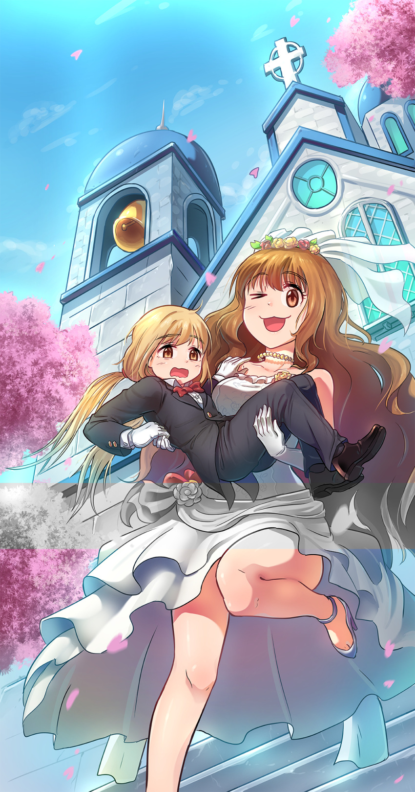&gt;_o 10s 2girls :3 blonde_hair blush bow bowtie breasts bridal_veil brown_eyes brown_hair dress eyebrows_visible_through_hair futaba_anzu gloves high_heels highres holding_person idolmaster idolmaster_cinderella_girls kamille_(vcx68) long_hair medium_breasts moroboshi_kirari multiple_girls one_eye_closed open_mouth partially_colored red_bow red_bowtie smile twintails veil wedding_dress white_dress white_gloves