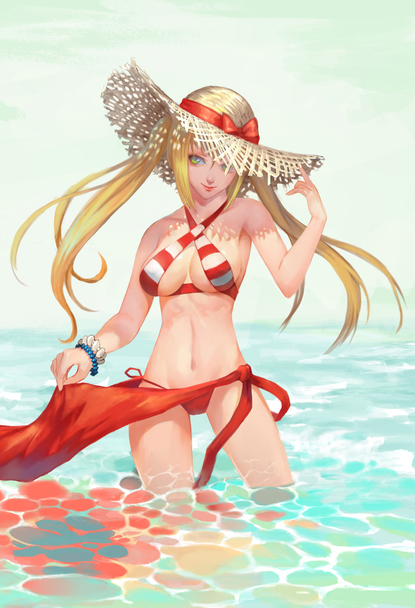 1girl aako absurdres bikini blonde_hair bracelet breasts fate/grand_order fate_(series) green_eyes hat highres jewelry lips long_hair looking_to_the_side medium_breasts navel nero_claudius_(swimsuit_caster)_(fate) partially_submerged saber_extra solo standing straw_hat striped striped_bikini swimsuit twintails water