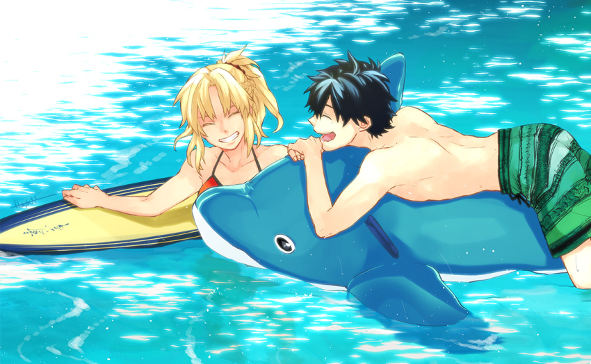 1boy 1girl black_hair blonde_hair fate/apocrypha fate/grand_order fate_(series) fujimaru_ritsuka_(male) grin halterneck inflatable_dolphin inflatable_toy lying male_swimwear ocean on_stomach open_mouth partially_submerged ponytail saber_of_red short_hair smile surfboard swim_trunks swimsuit swimwear t3run