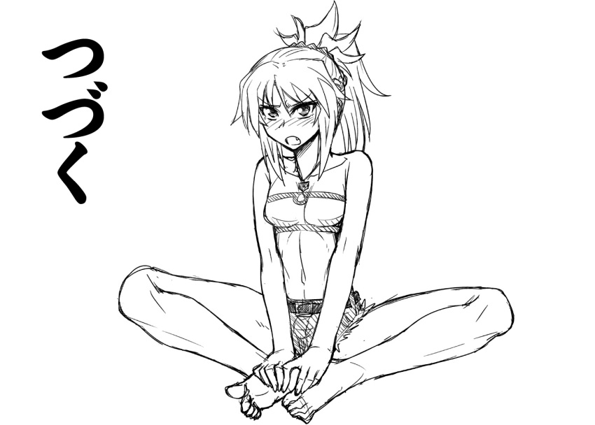 1girl barefoot braid butterfly_sitting camisole comic fate/apocrypha fate/grand_order fate_(series) feet greyscale hands_on_feet looking_at_viewer mitsurugi_tsurugi monochrome ponytail saber_of_red shorts sitting solo tagme translation_request