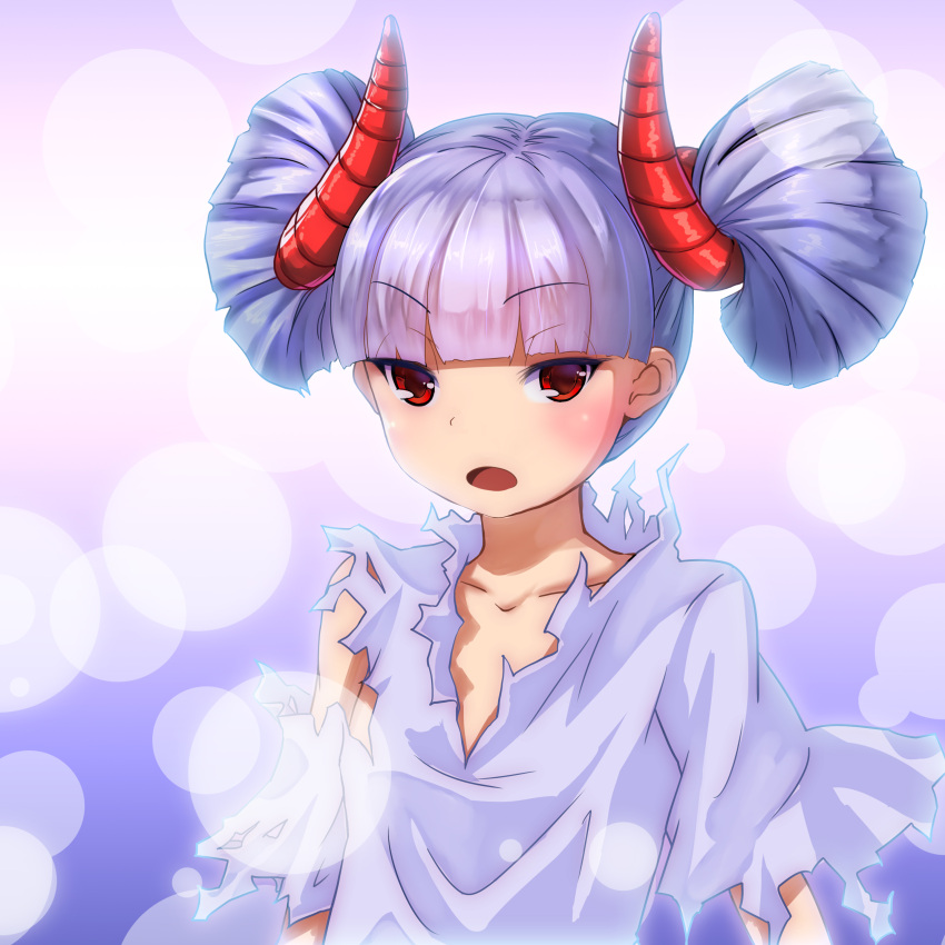 1girl absurdres blush collarbone eyebrows_visible_through_hair highres horns looking_at_viewer open_mouth original red_eyes shirt short_hair silver_hair solo torn_clothes torn_shirt upper_body xuanyuan_jiyu