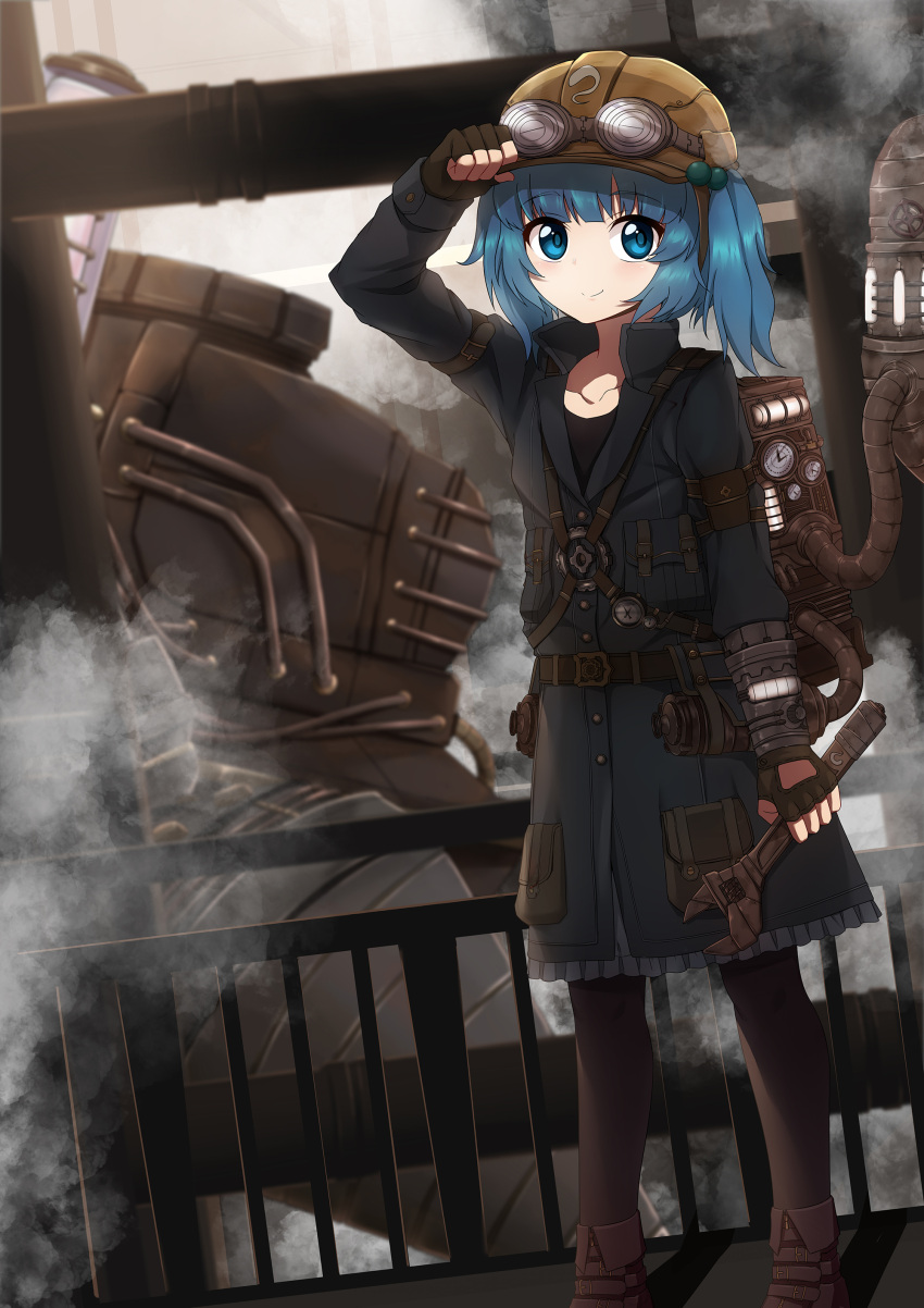 1girl absurdres black_legwear blue_eyes blue_hair boots brown_boots caibao closed_mouth eyebrows_visible_through_hair goggles goggles_on_headwear hair_bobbles hair_ornament helmet highres kawashiro_nitori looking_at_viewer pantyhose short_hair short_twintails smile solo steampunk touhou twintails