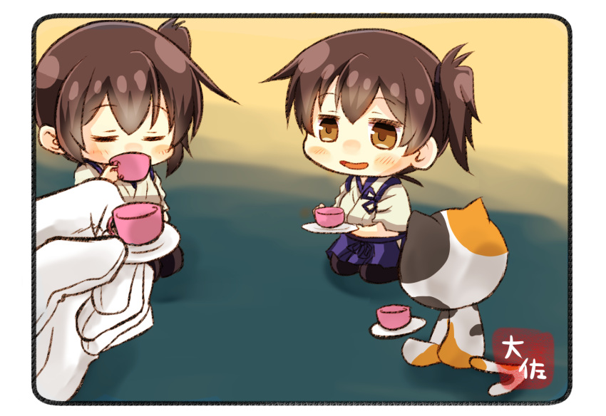 2girls :d admiral_(kantai_collection) artist_name black_legwear blue_hakama brown_eyes brown_hair cat commentary_request cup dual_persona hair_between_eyes hakama highres holding holding_cup holding_plate japanese_clothes kaga_(kantai_collection) kantai_collection kneeling minigirl multiple_girls open_mouth plate short_hair side_ponytail smile stuffed_animal stuffed_toy taisa_(kari) tasuki tea_party teacup thigh-highs