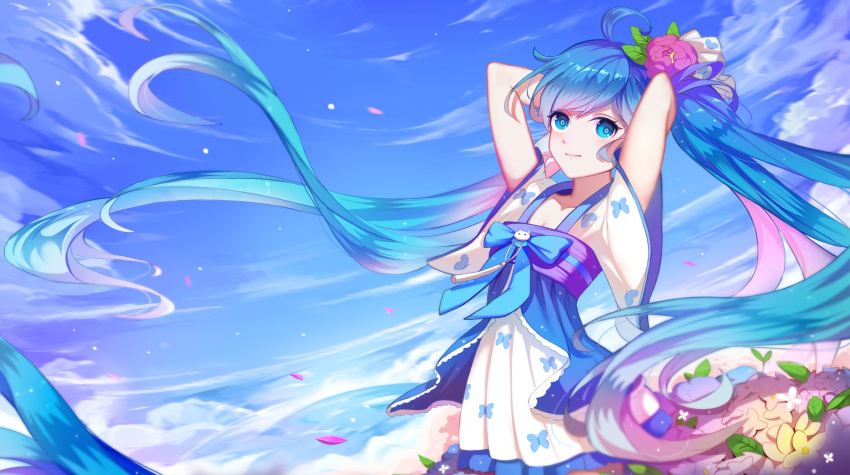 1girl arms_up blue_eyes blue_hair blurry breasts cleavage collarbone dress flower hair_flower hair_ornament hatsune_miku highres japanese_clothes liuzexiong long_hair small_breasts smile solo twintails very_long_hair vocaloid