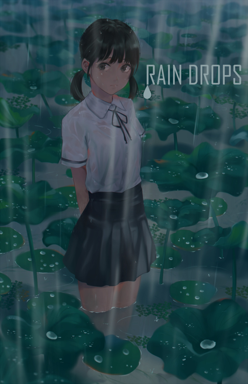 1girl black_skirt brown_eyes highres lily_pad litra_(ltr0312) looking_away original rain shirt short_twintails skirt solo twintails wading wet wet_clothes white_shirt