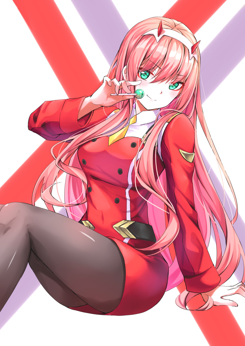 1girl absurdres black_legwear breasts candy darling_in_the_franxx food green_eyes headband highres horns ianzky lollipop long_hair looking_at_viewer medium_breasts military military_uniform necktie pantyhose pink_hair simple_background smile solo uniform very_long_hair yellow_necktie zero_two_(darling_in_the_franxx)