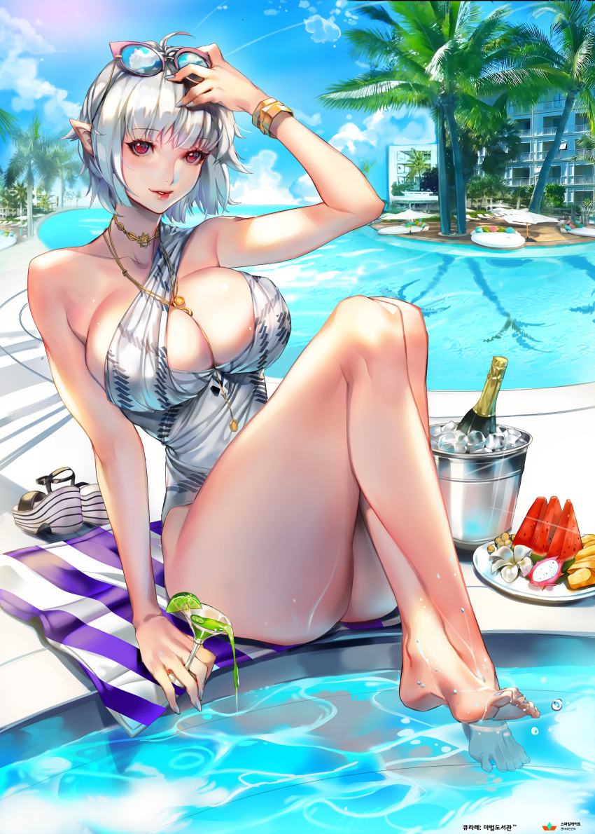 1girl absurdres ahoge alcohol arm_at_side ass bangs bare_arms bare_legs bare_shoulders barefoot beach_towel blue_nails blue_sky blunt_bangs bottle bracelet breasts building casual_one-piece_swimsuit champagne cleavage clouds cloudy_sky cocktail cocktail_glass cup day drinking_glass eyebrows_visible_through_hair eyelashes feet fingernails food fruit glass glasses glasses_on_head glint hand_on_head hand_to_head highres hotel imp_(sksalfl132) jewelry knees_up large_breasts legs legs_crossed legs_together long_fingernails looking_at_viewer nail_polish necklace nose one-piece_swimsuit original outdoors palm_tree parted_lips plate pointy_ears pool poolside qurare_magic_library red_eyes ring sandals short_hair silver_hair sitting sky soles solo sunglasses swimsuit thick_thighs thighs toenail_polish toenails toes towel tree water water_drop watermelon