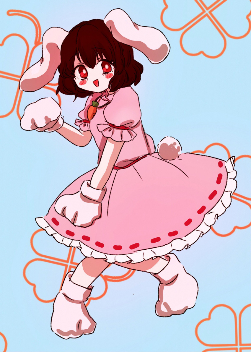 1girl :d animal_ears blush brown_hair bunny_paws bunny_tail carrot_necklace clover dress four-leaf_clover frilled_dress frilled_sleeves frills fukufukupine highres inaba_tewi open_mouth puffy_short_sleeves puffy_sleeves rabbit_ears red_eyes short_hair short_sleeves smile solo tail touhou