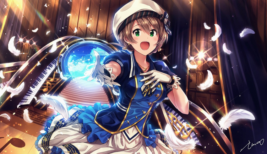 1girl ahoge blush braid dress earrings feathers french_braid gloves green_eyes hat idolmaster idolmaster_million_live! idolmaster_million_live!_theater_days ima_(lm_ew) jewelry looking_at_viewer necklace open_mouth outstretched_arm piano_keys sakuramori_kaori signature solo stage tied_hair