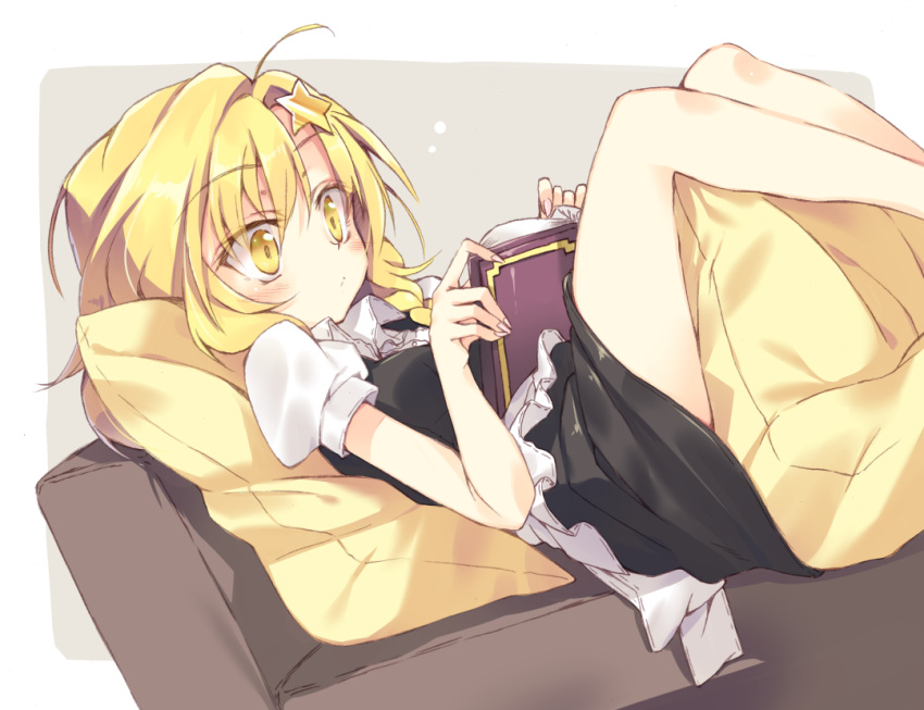 1girl ahoge apron bangs black_skirt blonde_hair blush book braid closed_mouth commentary_request couch cropped_legs dress_shirt eyebrows_visible_through_hair fingernails grey_background hair_between_eyes hair_ornament holding holding_book kirisame_marisa long_fingernails lying on_back pillow puffy_short_sleeves puffy_sleeves reading satou_kibi shirt short_hair short_sleeves side_braid simple_background single_braid skirt solo star star_hair_ornament touhou two-tone_background waist_apron white_background yellow_eyes