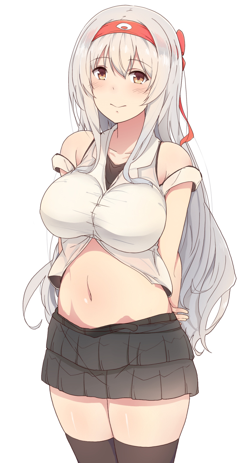 1girl alternate_costume bare_shoulders black_legwear blush breasts brown_eyes collarbone hairband headband highres kantai_collection large_breasts layered_skirt light_smile long_hair midriff navel shoukaku_(kantai_collection) silver_hair simple_background skirt solo stomach suisen_toire_(moko924) thigh-highs white_background zettai_ryouiki