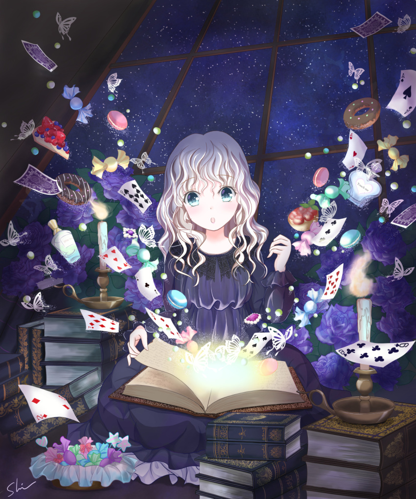1girl blush book book_stack butterfly card doughnut eyebrows_visible_through_hair food highres indoors looking_away medium_hair night night_sky open_book original parted_lips playing_card shino_(shinderera) sky solo star_(sky) starry_sky white_hair window