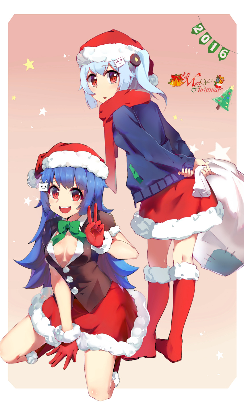 2016 2girls absurdres bili_girl_22 bili_girl_33 bilibili_douga blue_hair blush boots bow breasts christmas cleavage eyebrows_visible_through_hair gloves green_bow hair_ornament hat highres knee_boots long_hair looking_at_viewer looking_back medium_breasts merry_christmas multiple_girls open_mouth parted_lips red_boots red_eyes red_gloves red_hat red_scarf red_skirt sack santa_hat scarf seiza short_hair short_ponytail side_ponytail sitting skirt smile standing v xiaoyu
