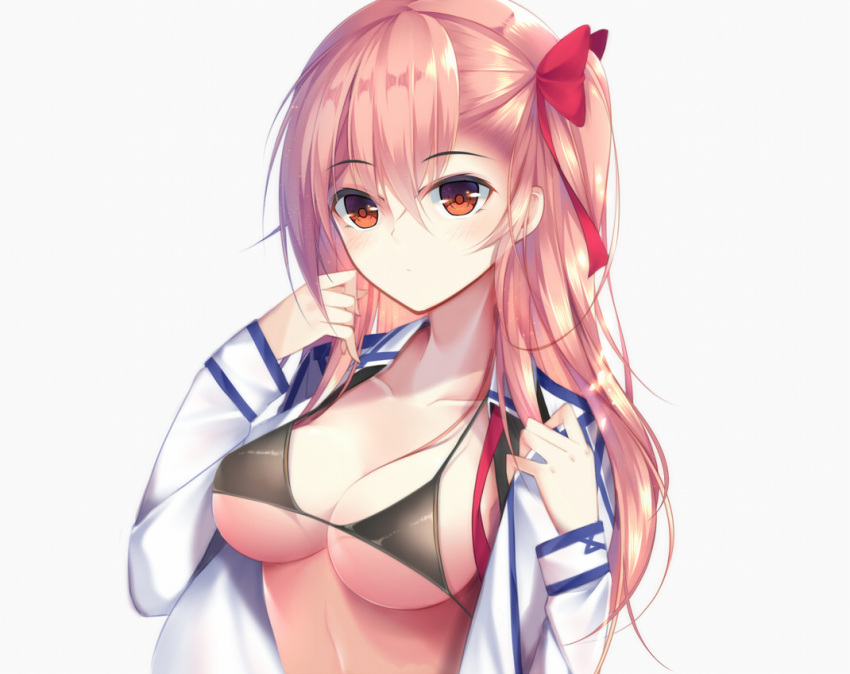 1girl asymmetrical_bangs bangs bikini black_bikini blush bow breasts brown_eyes closed_mouth expressionless eyebrows_visible_through_hair farcher girls_frontline hair_between_eyes hair_bow hair_ribbon long_hair long_sleeves looking_at_viewer medium_breasts negev_(girls_frontline) one_side_up open_clothes open_shirt pink_hair red_bow red_ribbon ribbon shirt simple_background solo swimsuit tsurime under_boob upper_body white_background