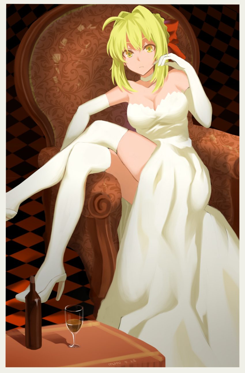 10s 1girl absurdres alcohol alternate_costume armchair bare_shoulders blonde_hair bottle bow braid breasts chair checkered checkered_floor choker cleavage crown_braid cup dated dress drink drinking_glass elbow_gloves fate/extra fate_(series) full_body gloves hair_bow high_heels highres legs_crossed long_dress long_hair looking_at_viewer makise_medaka medium_breasts red_bow saber_extra shoes sitting solo strapless strapless_dress thigh-highs white_choker white_dress white_gloves white_legwear white_shoes wine wine_bottle wine_glass yellow_eyes