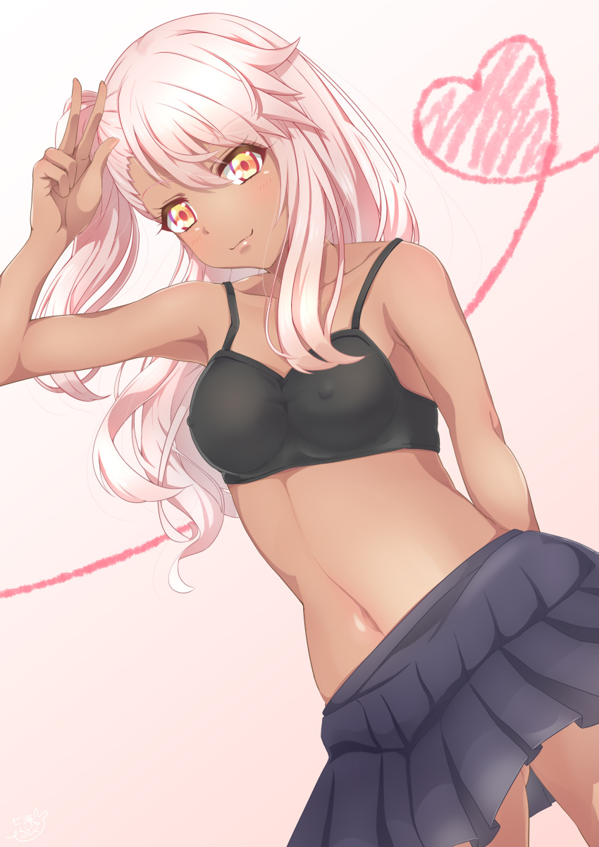 1girl absurdres armpits arms_behind_back bangs bare_arms bare_shoulders black_bra black_skirt blush bra bra_strap breasts chloe_von_einzbern closed_mouth collarbone cowboy_shot dark_skin erect_nipples eyelashes fate/kaleid_liner_prisma_illya fate_(series) gluteal_fold gradient gradient_background gradient_eyes hair_between_eyes hand_to_head hand_up heart heart_of_string highres legs_apart lips long_hair looking_at_viewer midriff miniskirt multicolored multicolored_eyes nanamira_bi navel one_side_up orange_eyes pink_hair pleated_skirt side_ponytail skirt small_breasts smile solo spaghetti_strap stomach underwear w yellow_eyes