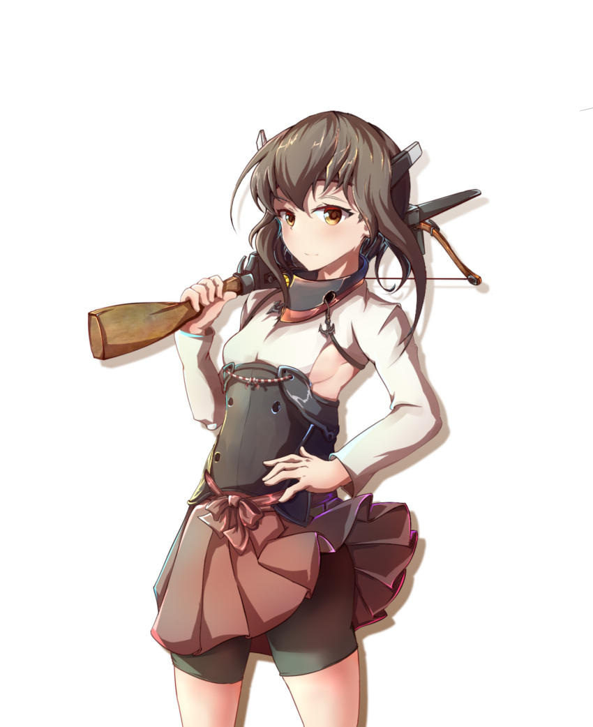 1girl blush bow_(weapon) breasts brown_eyes brown_hair closed_mouth crossbow hand_on_hip highres holding holding_weapon kantai_collection looking_at_viewer medium_breasts short_hair sideboob smile solo taihou_(kantai_collection) weapon xian_yue_bing_huan