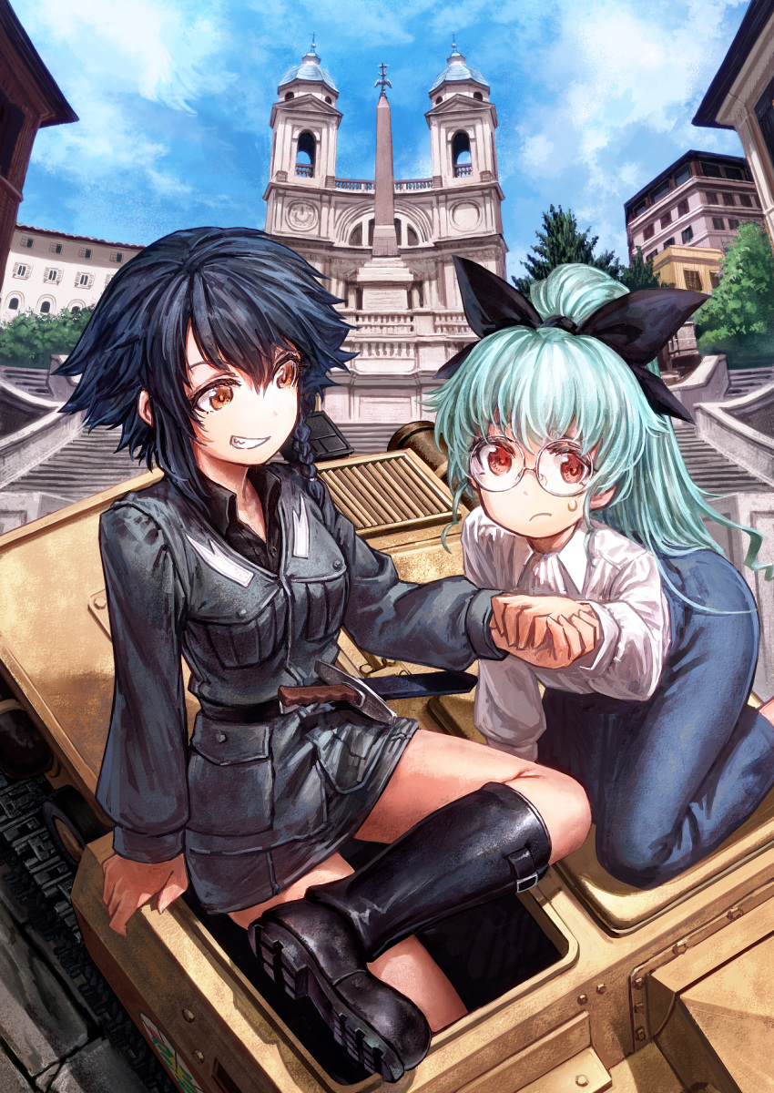 10s 2girls alternate_hairstyle anchovy anzio_(emblem) anzio_military_uniform bangs belt black_boots black_hair black_ribbon black_shirt blue_skirt boots braid brown_eyes building carro_veloce_cv-33 casual closed_mouth clouds cloudy_sky collared_shirt commentary_request day denim denim_skirt dress_shirt emblem frown girls_und_panzer glasses green_hair grey_jacket grey_skirt grin ground_vehicle hair_ribbon hand_holding highres jacket kneeling knife lain legs_crossed location_request long_hair long_skirt long_sleeves looking_at_another looking_at_viewer military military_uniform military_vehicle miniskirt motor_vehicle multiple_girls outdoors pencil_skirt pepperoni_(girls_und_panzer) ponytail red_eyes ribbon round_glasses shirt short_hair side_braid sitting skirt sky smile sweatdrop tank uniform white_shirt