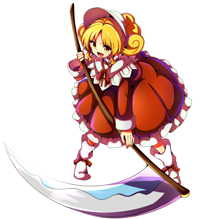 &gt;:d 1girl :d baba_(baba_seimaijo) blonde_hair blush dress elly frilled_dress frills full_body hat highres holding holding_weapon long_sleeves looking_at_viewer open_mouth red_dress scythe smile solo standing tachi-e touhou touhou_(pc-98) weapon yellow_eyes
