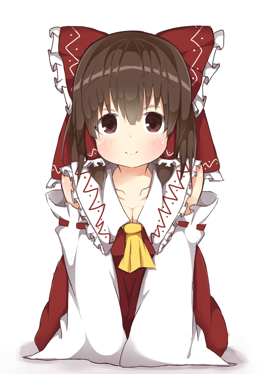 1girl akabeco all_fours bare_shoulders blush bow breasts brown_eyes brown_hair cleavage closed_mouth collarbone cookie_(touhou) eyebrows_visible_through_hair hair_bow hair_tubes hakurei_reimu highres kanna_(cookie) looking_at_viewer medium_breasts red_bow short_hair smile solo touhou