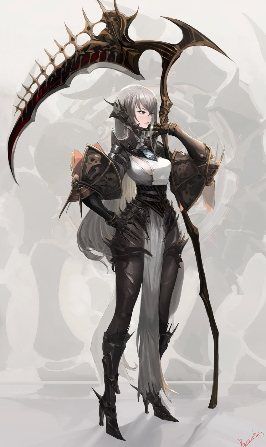 1girl armor armored_boots artist_name bamuth black_boots boots breasts dated eyelashes full_body gauntlets greaves hair_between_eyes hand_on_hip hand_to_own_mouth hand_up high_heel_boots high_heels highres holding holding_weapon legs_apart long_hair medium_breasts original parted_lips pauldrons pelvic_curtain pink_lips red_eyes sickle silver_hair smile solo standing teeth very_long_hair weapon