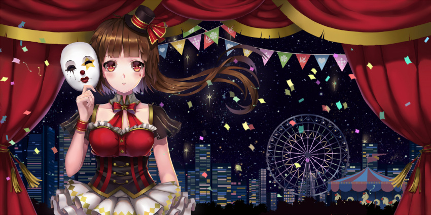 1girl black_hat blush breasts brown_hair collarbone ferris_wheel hat hat_ribbon holding holding_mask long_hair looking_at_viewer mask medium_breasts original red_eyes red_ribbon ribbon ryuu32 skirt solo top_hat upper_body white_skirt