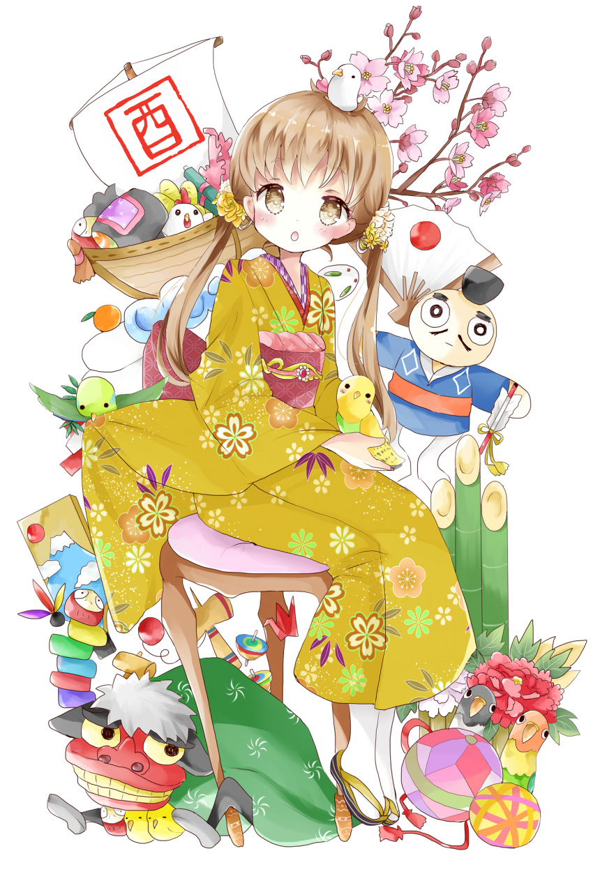 1girl :o animal animal_on_head arrow ball bamboo bird bird_on_head blush branch brown_eyes canary chicken commentary_request dove eyebrows_visible_through_hair fan floral_print flower hagoita hair_flower hair_ornament hamaya highres holding holding_animal japanese_clothes japanese_flag kagami_mochi kendama kimono light_brown_hair long_hair long_sleeves looking_at_viewer looking_to_the_side low_twintails mallet obi on_head open_mouth origami original paddle paper_crane paper_fan print_kimono sash scroll sitting snow_bunny socks solo spinning_top stool tabi tsukiyo_(skymint) twintails unmoving_pattern white_legwear wide_sleeves yellow_kimono