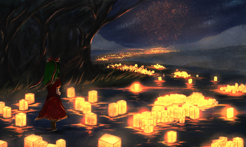 1girl absurdres boots dress embers facing_away faux_traditional_media from_behind grass green_hair hair_ribbon highres horizon kagiyama_hina lantern lfacras long_hair mountain night outdoors paper_lantern puffy_short_sleeves puffy_sleeves red_dress ribbon river scenery short_sleeves sky star_(sky) starry_sky touhou tree wading