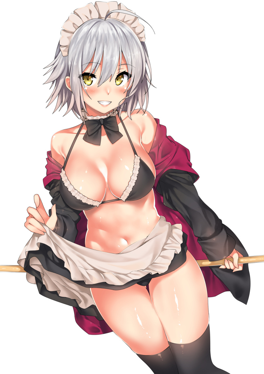 1girl ahoge apron bare_shoulders bikini bikini_under_clothes black_bikini black_bow black_bowtie black_legwear blush bow bowtie breasts choker cleavage collarbone cowboy_shot fate/grand_order fate_(series) frilled_bikini frills grin highres hood hoodie jeanne_alter kawai large_breasts lifted_by_self long_sleeves looking_at_viewer maid_headdress navel off_shoulder open_clothes open_hoodie ruler_(fate/apocrypha) short_hair silver_hair simple_background skirt skirt_lift smile solo spiky_hair standing stomach swimsuit thigh-highs thighs waist_apron white_background yellow_eyes