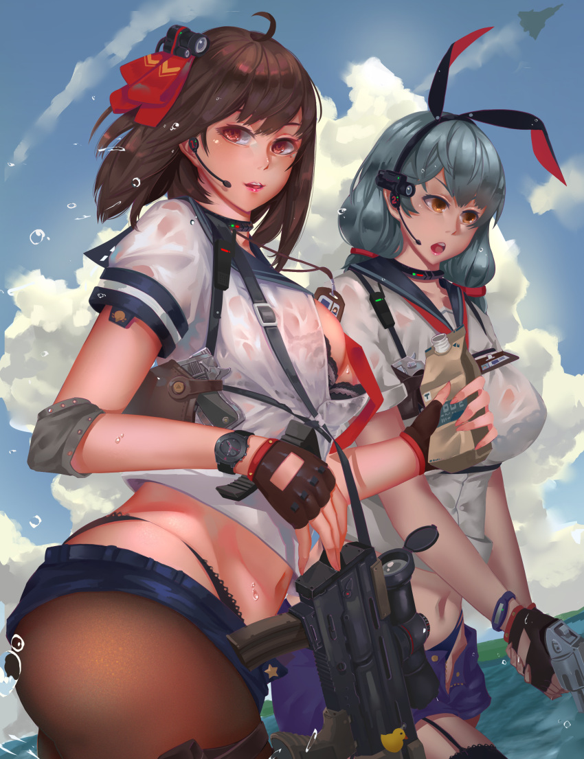 1girl absurdres aircraft airplane ass blue_hair breasts brown_eyes brown_hair clouds cloudy_sky ctrlz77 fighter_jet fingerless_gloves fubuki_(kantai_collection) garter_straps gloves gun hair_ribbon handgun highres jet kantai_collection long_hair medium_breasts military military_vehicle mole mole_under_eye murakumo_(kantai_collection) navel pistol ribbon rubber_duck school_uniform see-through serafuku sky solo watch water weapon yellow_eyes